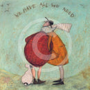 Meet the Mustards: We Have All We Need by Sam Toft, mounted miniature print. A thoughtful picture of a couple, Mr Mustard and his wife Violet, having a cuddle with their black and white dog Doris sat by their feet. 