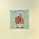 Meet the Mustards: We Have All We Need by Sam Toft, mounted miniature print. A thoughtful picture of a couple, Mr Mustard and his wife Violet, having a cuddle with their black and white dog Doris sat by their feet. 