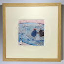 Meet the Mustards: Winter by Sam Toft, mounted miniature print. A fun picture of a couple, Mr Mustard and his wife Violet ice skating on a frozen lake, along side some skating ducks. Their black and white dog Doris watches from a distance. Framed in oak.