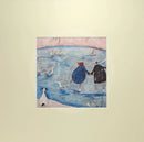 Meet the Mustards: Winter by Sam Toft, mounted miniature print. A fun picture of a couple, Mr Mustard and his wife Violet ice skating on a frozen lake, along side some skating ducks. Their black and white dog Doris watches from a distance. 