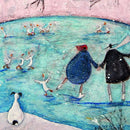 Meet the Mustards: Winter by Sam Toft, mounted miniature print. A fun picture of a couple, Mr Mustard and his wife Violet ice skating on a frozen lake, along side some skating ducks. Their black and white dog Doris watches from a distance. 