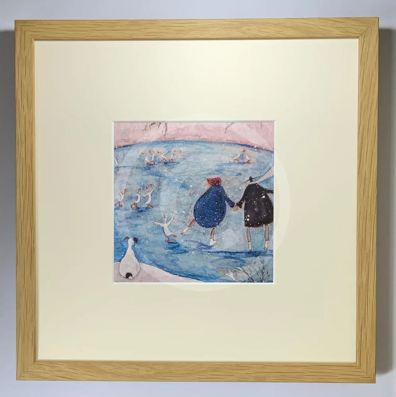 Meet the Mustards: Winter by Sam Toft, mounted miniature print. A fun picture of a couple, Mr Mustard and his wife Violet ice skating on a frozen lake, along side some skating ducks. Their black and white dog Doris watches from a distance. Framed in oak.