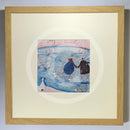 Meet the Mustards: Winter by Sam Toft, mounted miniature print. A fun picture of a couple, Mr Mustard and his wife Violet ice skating on a frozen lake, along side some skating ducks. Their black and white dog Doris watches from a distance. Framed in oak.