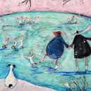 Meet the Mustards: Winter by Sam Toft, mounted miniature print. A fun picture of a couple, Mr Mustard and his wife Violet ice skating on a frozen lake, along side some skating ducks. Their black and white dog Doris watches from a distance. 
