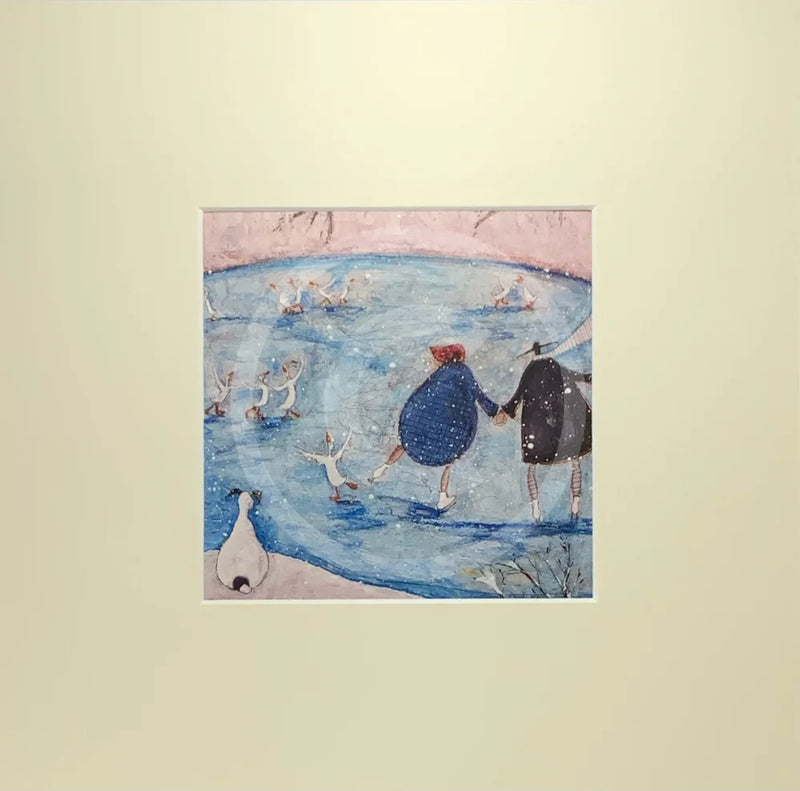 Meet the Mustards: Winter by Sam Toft, mounted miniature print. A fun picture of a couple, Mr Mustard and his wife Violet ice skating on a frozen lake, along side some skating ducks. Their black and white dog Doris watches from a distance. 