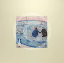 Meet the Mustards: Winter by Sam Toft, mounted miniature print. A fun picture of a couple, Mr Mustard and his wife Violet ice skating on a frozen lake, along side some skating ducks. Their black and white dog Doris watches from a distance. 
