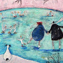 Meet the Mustards: Winter by Sam Toft, mounted miniature print. A fun picture of a couple, Mr Mustard and his wife Violet ice skating on a frozen lake, along side some skating ducks. Their black and white dog Doris watches from a distance. 