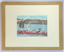 Meet the Mustards: Woofing Along the River by Sam Toft, mounted miniature print. A man uses a long pole to move his punt full of doggy passengers down the river. Dalmatian, pugs, basset hounds and a Jack Russell. Framed in oak.