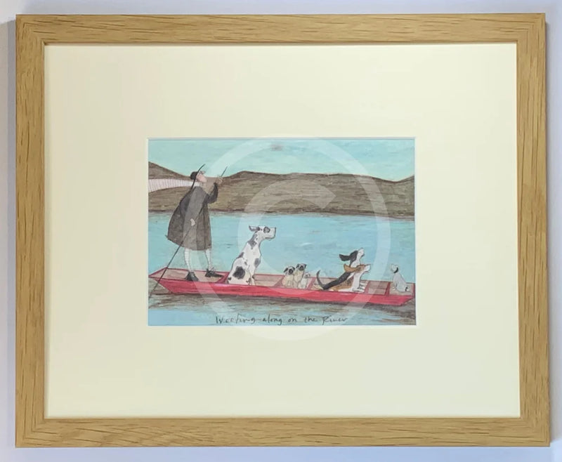 Meet the Mustards: Woofing Along the River by Sam Toft, mounted miniature print. A man uses a long pole to move his punt full of doggy passengers down the river. Dalmatian, pugs, basset hounds and a Jack Russell. Framed in oak.