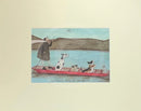 Meet the Mustards: Woofing Along the River by Sam Toft, mounted miniature print. A man uses a long pole to move his punt full of doggy passengers down the river. Dalmatian, pugs, basset hounds and a Jack Russell. 