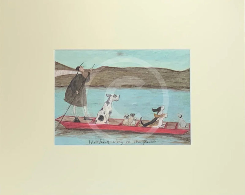 Meet the Mustards: Woofing Along the River by Sam Toft, mounted miniature print. A man uses a long pole to move his punt full of doggy passengers down the river. Dalmatian, pugs, basset hounds and a Jack Russell. 