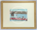 Meet the Mustards: Woofing Along the River by Sam Toft, mounted miniature print. A man uses a long pole to move his punt full of doggy passengers down the river. Dalmatian, pugs, basset hounds and a Jack Russell. Framed in oak.
