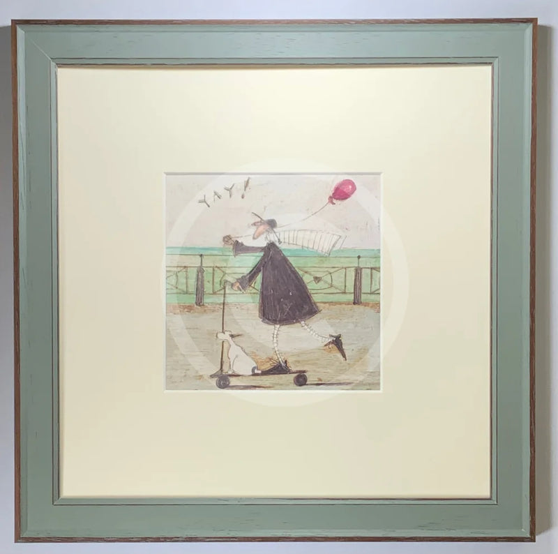 Meet the Mustards: Yay! by Sam Toft, mounted miniature print. A fun picture of a man, Mr Mustard holding a red balloon, rebelliously riding his scooter along the promenade, with his black and white dog Doris on board.  Framed in Nordic Blue.