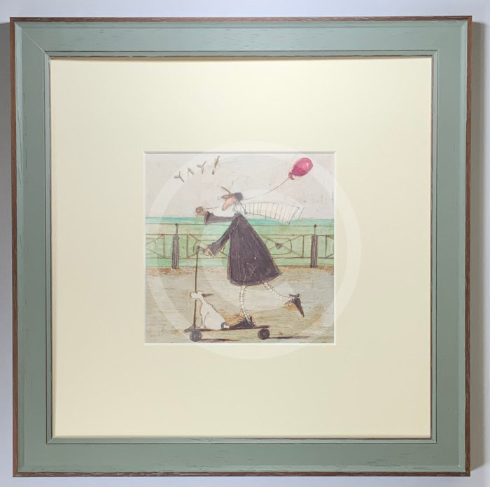 Meet the Mustards: Yay! by Sam Toft, mounted miniature print. A fun picture of a man, Mr Mustard holding a red balloon, rebelliously riding his scooter along the promenade, with his black and white dog Doris on board.  Framed in Nordic Blue.
