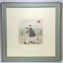 Meet the Mustards: Yay! by Sam Toft, mounted miniature print. A fun picture of a man, Mr Mustard holding a red balloon, rebelliously riding his scooter along the promenade, with his black and white dog Doris on board.  Framed in Nordic Blue.
