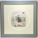 Meet the Mustards: Yay! by Sam Toft, mounted miniature print. A fun picture of a man, Mr Mustard holding a red balloon, rebelliously riding his scooter along the promenade, with his black and white dog Doris on board.  Framed in Nordic Blue.