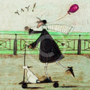 Meet the Mustards: Yay! by Sam Toft, mounted miniature print. A fun picture of a man, Mr Mustard holding a red balloon, rebelliously riding his scooter along the promenade, with his black and white dog Doris on board.  