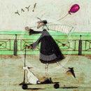 Meet the Mustards: Yay! by Sam Toft, mounted miniature print. A fun picture of a man, Mr Mustard holding a red balloon, rebelliously riding his scooter along the promenade, with his black and white dog Doris on board.  