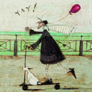 Meet the Mustards: Yay! by Sam Toft, mounted miniature print. A fun picture of a man, Mr Mustard holding a red balloon, rebelliously riding his scooter along the promenade, with his black and white dog Doris on board.  