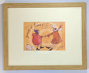 Meet the Mustards: Young at Heart by Sam Toft, mounted miniature print. A fun picture of couple dancing, the man has a duck on his head. Their black and white dog joins in too. Framed in oak.