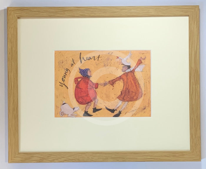 Meet the Mustards: Young at Heart by Sam Toft, mounted miniature print. A fun picture of couple dancing, the man has a duck on his head. Their black and white dog joins in too. Framed in oak.