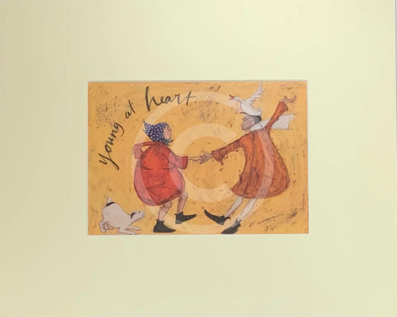 Meet the Mustards: Young at Heart by Sam Toft, mounted miniature print. A fun picture of couple dancing, the man has a duck on his head. Their black and white dog joins in too. 