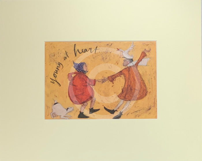 Meet the Mustards: Young at Heart by Sam Toft, mounted miniature print. A fun picture of couple dancing, the man has a duck on his head. Their black and white dog joins in too. 