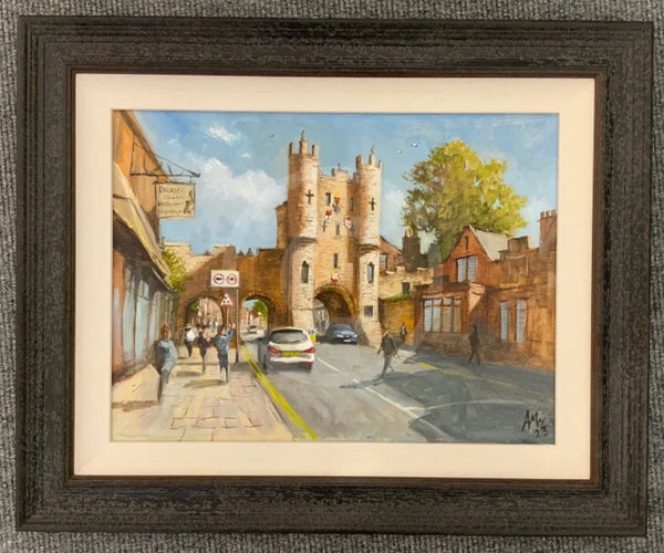 Micklegate Bar, Oil on Board, framed in a wide distressed black frame, by Anthony Marn