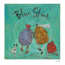 Illustration of two people walking a dog with 'Blue Skies' text on a teal background