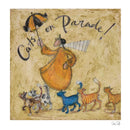 Illustration of a person in an orange coat with cats on parade, holding an umbrella.