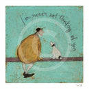 Illustration of Artist Sam Toft’s Mr Mustard character and a dog sitting on a bench with text on a teal background