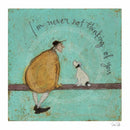Illustration of Artist Sam Toft’s Mr Mustard character and a dog sitting on a bench with text on a teal background