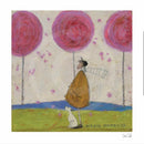 Illustration of a person in a yellow coat with a dog under pink trees, titled 'Magic Moments'.