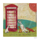 Artistic depiction of dogs by a red telephone box with a textured background