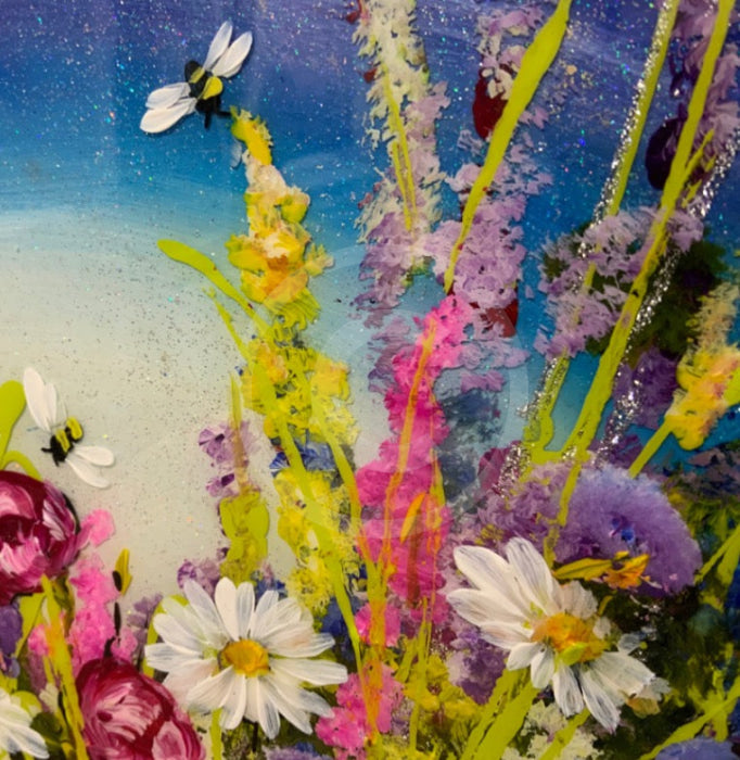 Details showing the multi layers of mixed media. Moonlight Meadows ll by Rozanne Bell