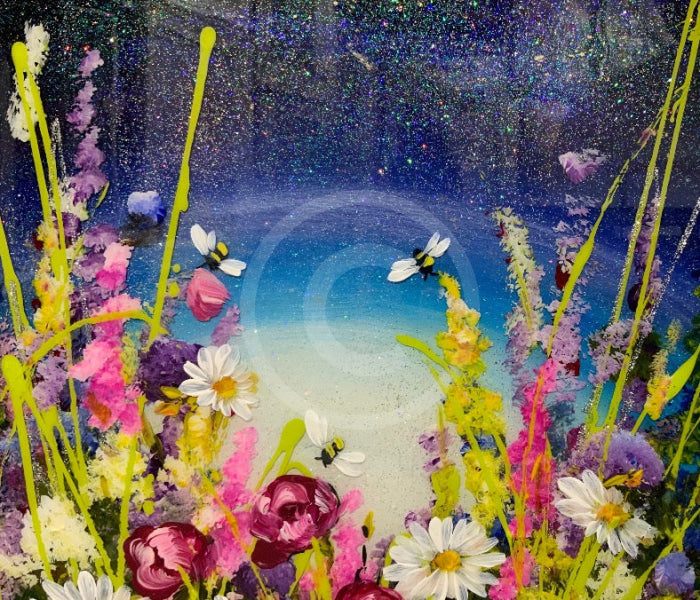 Glittery night sky detail. Moonlight Meadows by Rozanne Bell