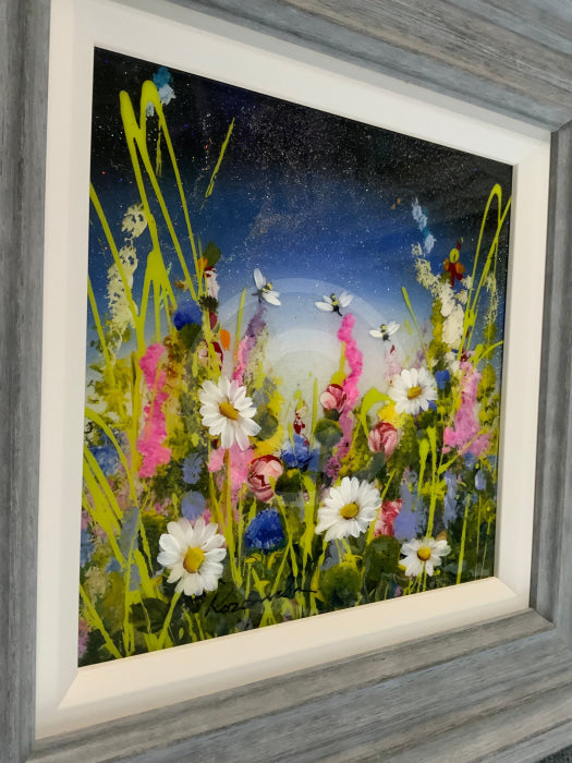 Mixed media painting with a glossy resin finish.  Moonlight Meadows ll by Rozanne Bell