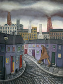 Morning Walk by Dotty Earl — a lone figure in a long tan coat striding up a curved cobbled street in a nostalgic northern industrial town, terraced houses on either side, factory chimneys against a dramatic sky, a black cat on the pavement below
