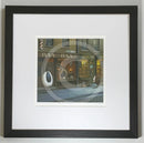 Mounted Miniature Print Baa Baa of Fleece Street, by Simon Clarke. A fun picture of sheep taking the character of Sweeny Todd the Demon Barber of Fleet Street. A dog looks curiously at a pie with a pair of sheep’s ears poking out of the top. Framed in linear I black.