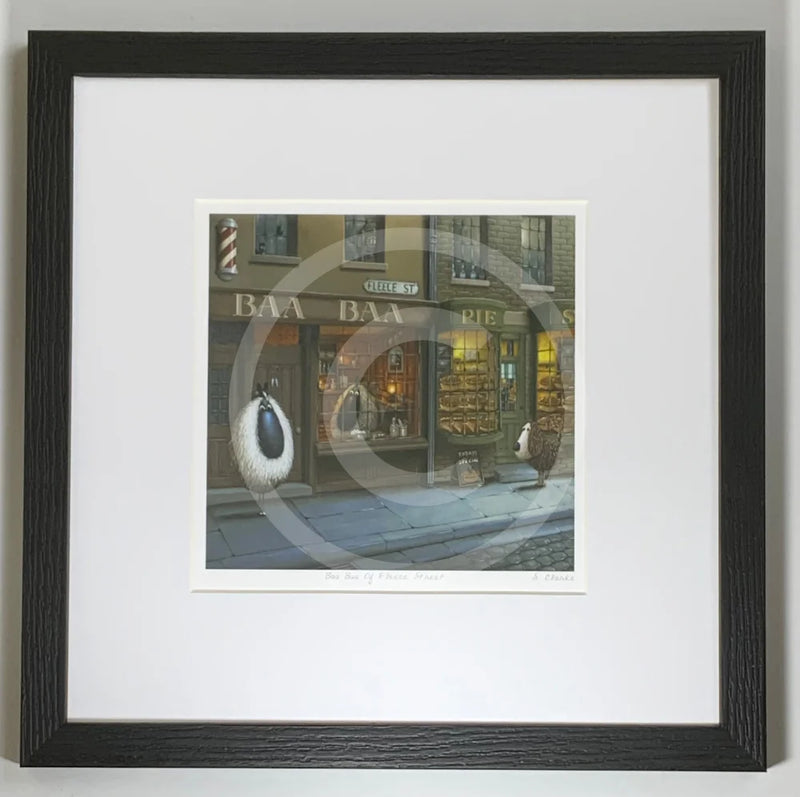 Mounted Miniature Print Baa Baa of Fleece Street, by Simon Clarke. A fun picture of sheep taking the character of Sweeny Todd the Demon Barber of Fleet Street. A dog looks curiously at a pie with a pair of sheep’s ears poking out of the top. Framed in linear I black.