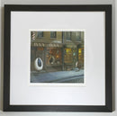 Mounted Miniature Print Baa Baa of Fleece Street, by Simon Clarke. A fun picture of sheep taking the character of Sweeny Todd the Demon Barber of Fleet Street. A dog looks curiously at a pie with a pair of sheep’s ears poking out of the top. Framed in linear I black.