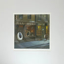 Mounted Miniature Print Baa Baa of Fleece Street, by Simon Clarke. A fun picture of sheep taking the character of Sweeny Todd the Demon Barber of Fleet Street. A dog looks curiously at a pie with a pair of sheep’s ears poking out of the top. 
