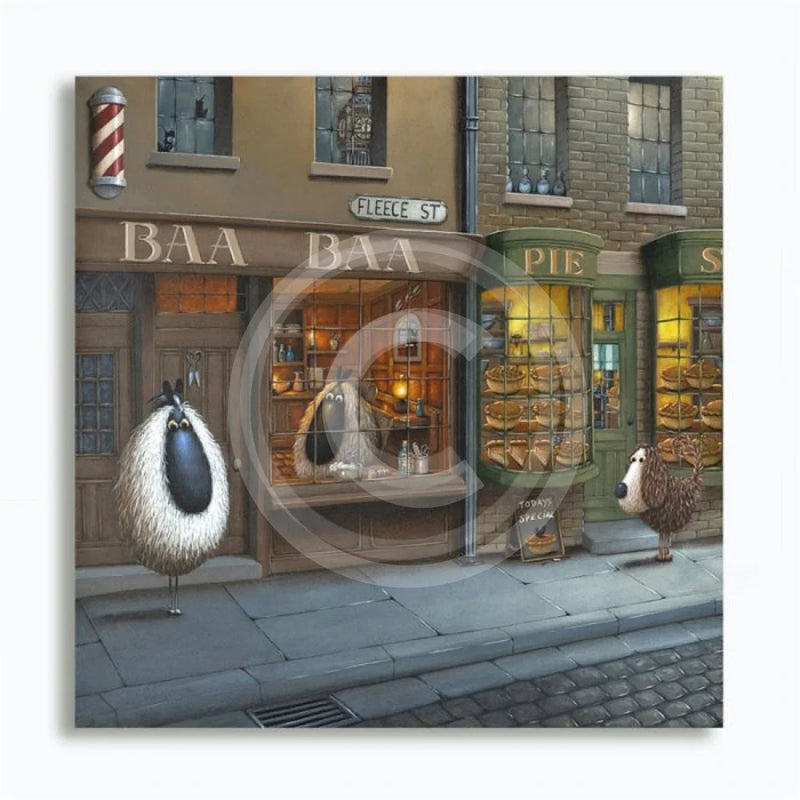 Mounted Miniature Print Baa Baa of Fleece Street, by Simon Clarke. A fun picture of sheep taking the character of Sweeny Todd the Demon Barber of Fleet Street. A dog looks curiously at a pie with a pair of sheep’s ears poking out of the top. 