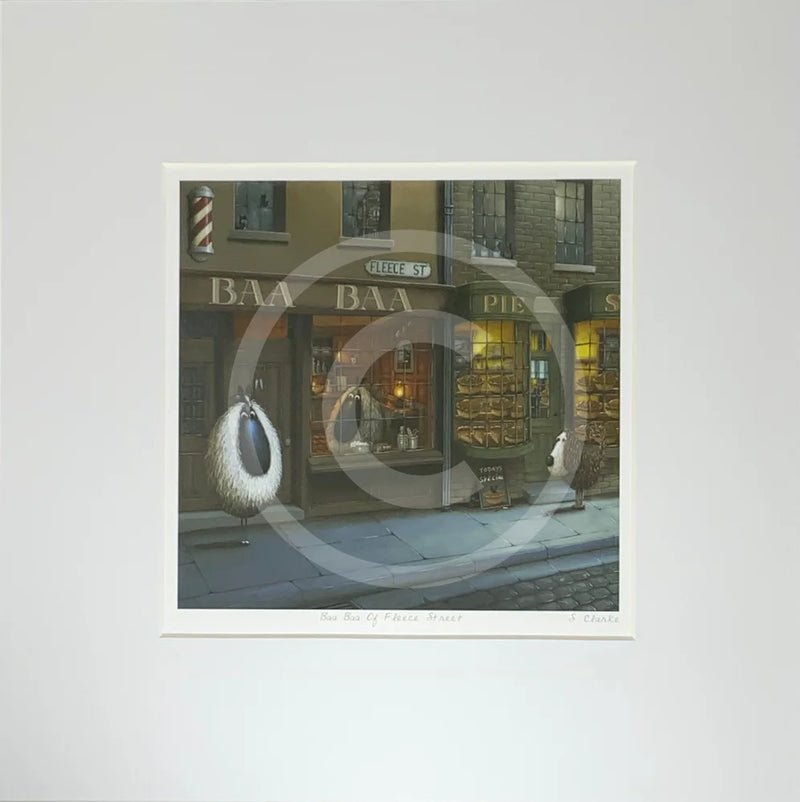 Mounted Miniature Print Baa Baa of Fleece Street, by Simon Clarke. A fun picture of sheep taking the character of Sweeny Todd the Demon Barber of Fleet Street. A dog looks curiously at a pie with a pair of sheep’s ears poking out of the top. 