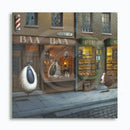 Mounted Miniature Print Baa Baa of Fleece Street, by Simon Clarke. A fun picture of sheep taking the character of Sweeny Todd the Demon Barber of Fleet Street. A dog looks curiously at a pie with a pair of sheep’s ears poking out of the top. 