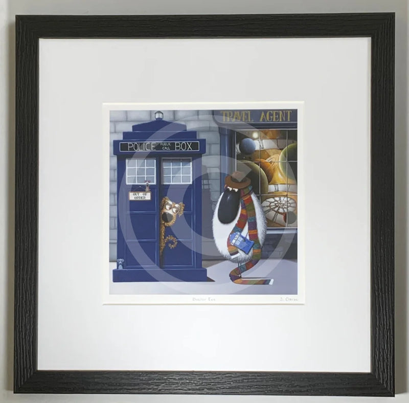 Mounted Miniature Print Doctor Ewe, by Simon Clarke . A fun illustration of a sheep character  dressed as Tom Baker from Doctor Who, with a blue police box a dog peeking outside and travel agent shop in the background. Framed in small linear I