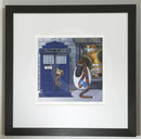 Mounted Miniature Print Doctor Ewe, by Simon Clarke . A fun illustration of a sheep character  dressed as Tom Baker from Doctor Who, with a blue police box a dog peeking outside and travel agent shop in the background. Framed in small linear I