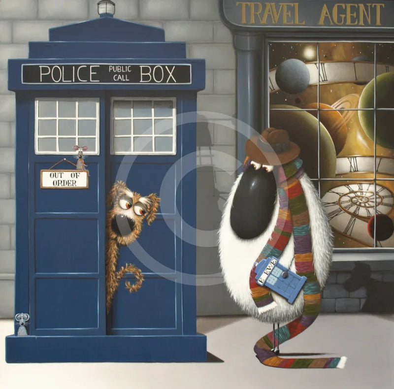 Mounted Miniature Print Doctor Ewe, by Simon Clarke . A fun illustration of a sheep character  dressed as Tom Baker from Doctor Who, with a blue police box a dog peeking outside and travel agent shop in the background.