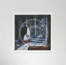 Mounted Miniature Print, Drac-Ewe-La, by Simon Clarke. A fun picture of a sheep playing Count Dracula in his castle. A dog is outside the window with two bones made into a cross. 