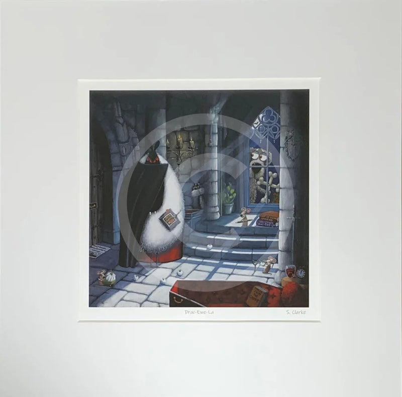 Mounted Miniature Print, Drac-Ewe-La, by Simon Clarke. A fun picture of a sheep playing Count Dracula in his castle. A dog is outside the window with two bones made into a cross. 